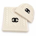 Chanel Style Rib-Knit Scarf and Beanie Set in Ivory