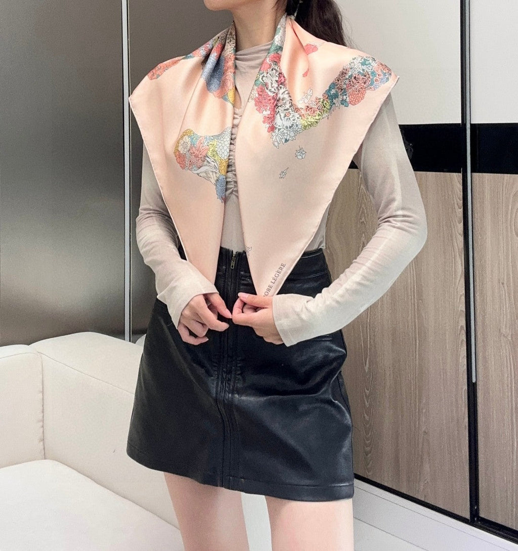 Hermes Style Lightness in Bloom Silk Scarf - Pink - Model Worn Main Image