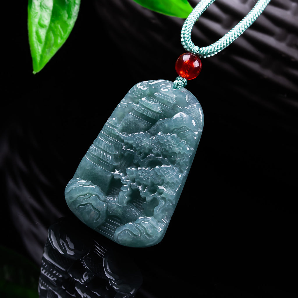 Natural Blue Water Jadeite Landscape Pendant - Grade A