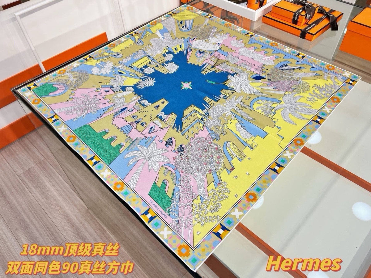 Hermes Style Palace of the Four Winds Double-Sided Silk Scarf - Yellow - Detail Image 2