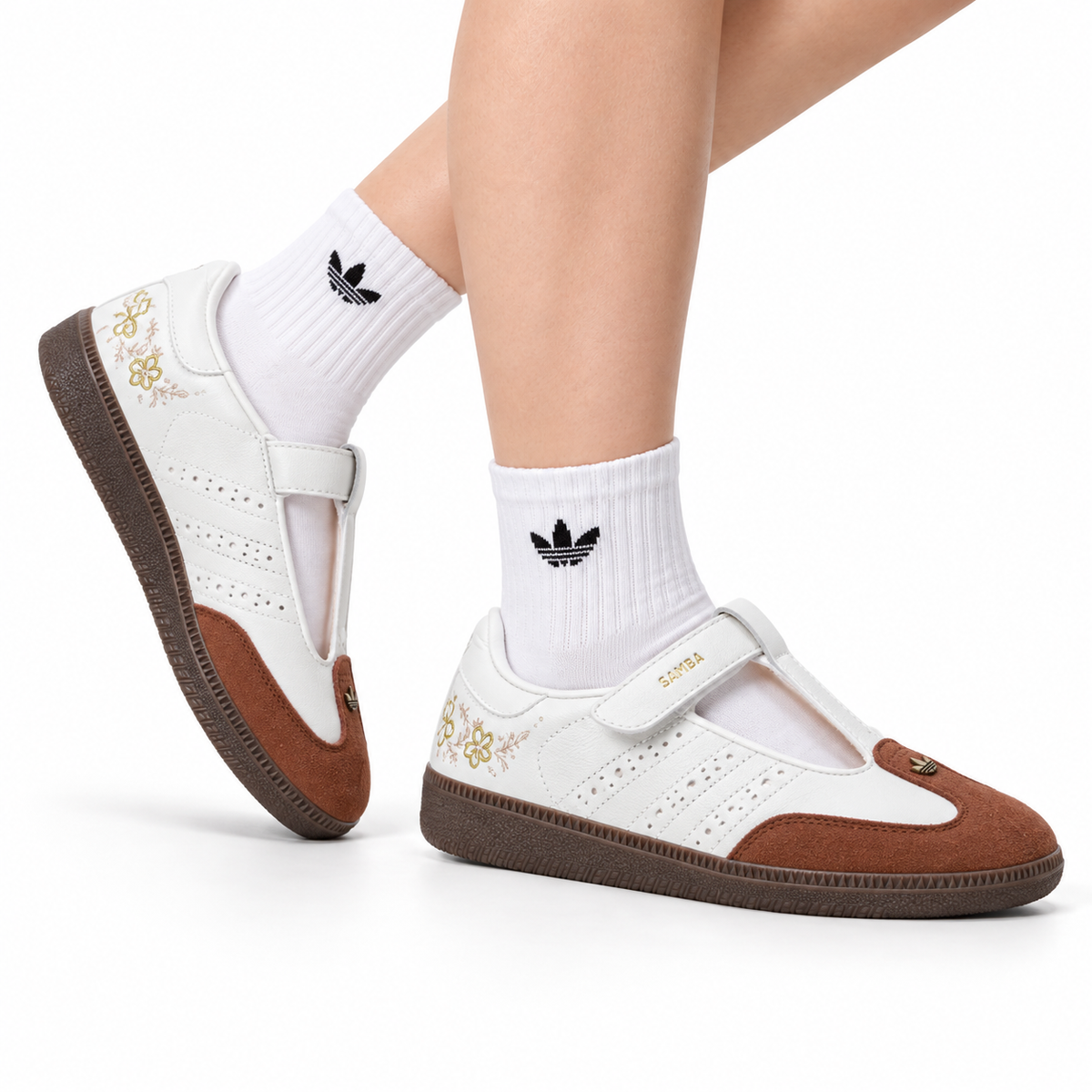Adidas Samba Mary Jane Leather Sneakers – White Brown Retro Ballet Shoes