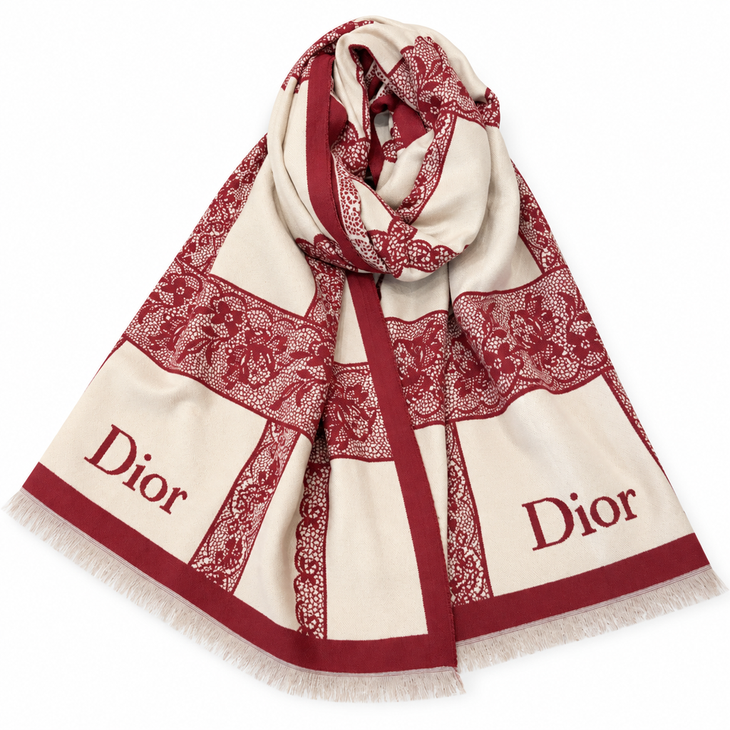 Dior Style Toile Fringe Scarf in Burgundy
