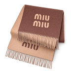 Miu Miu Style Oversized Logo Fringe Scarf in Brown