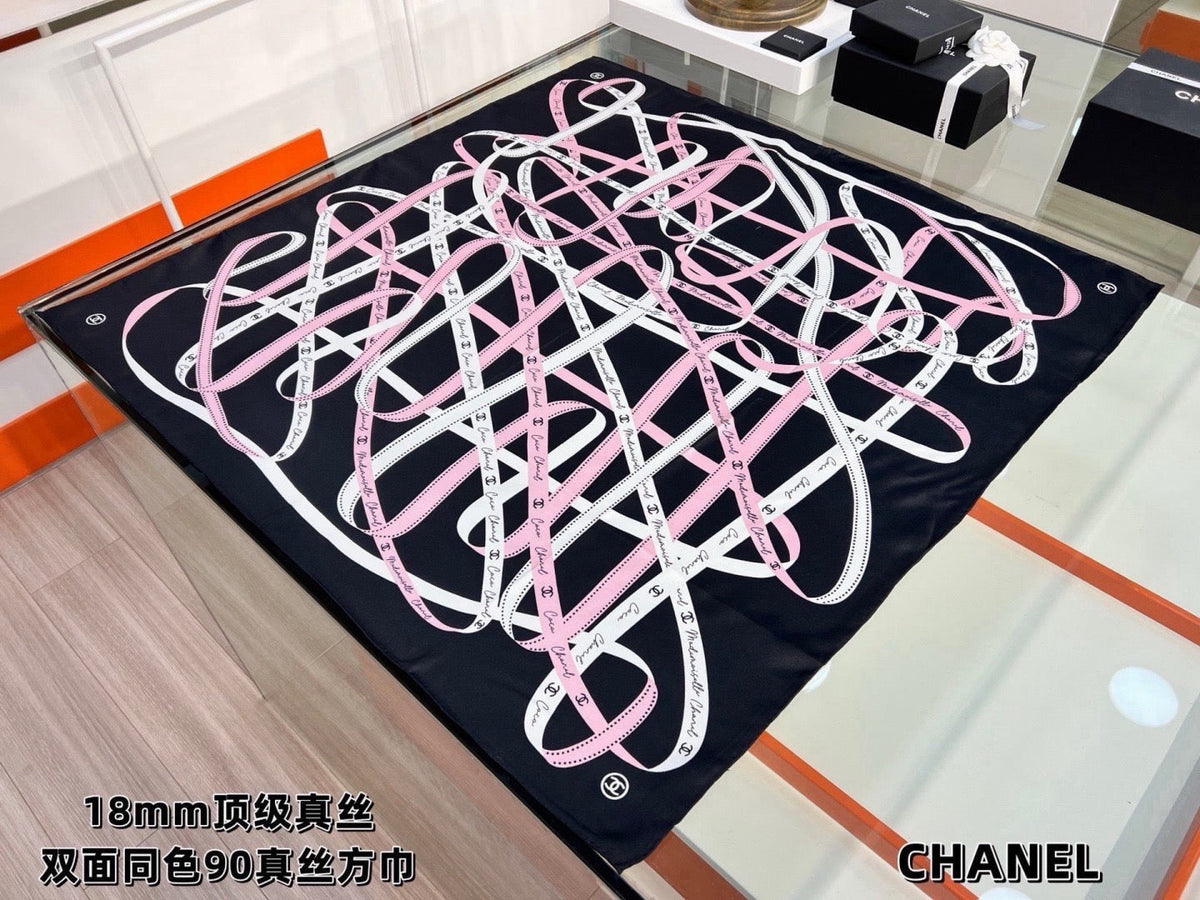 Chanel Style Ribbon and Chain Print Silk Scarf - Pink Black - Detail Image 2
