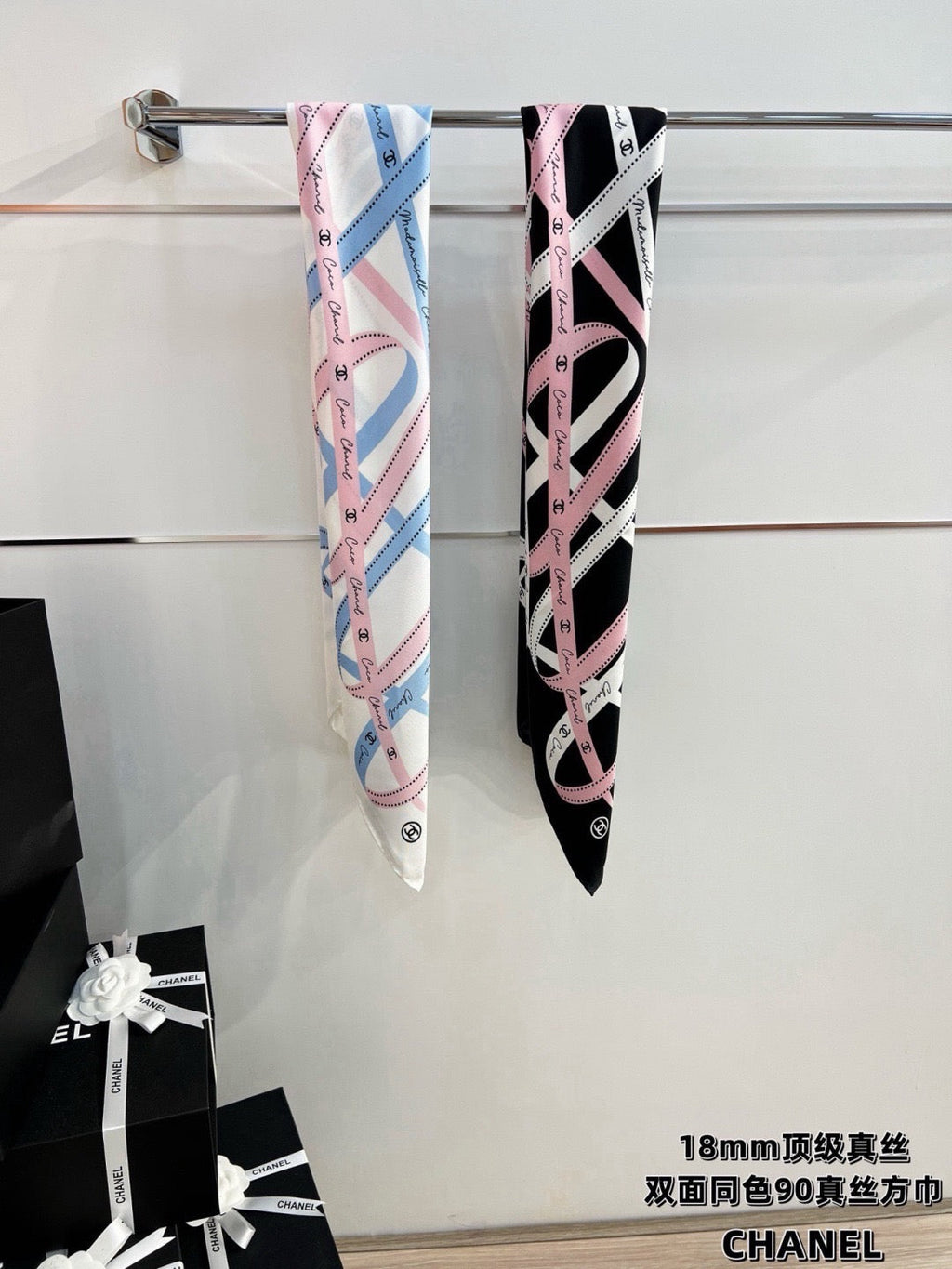 Chanel Style Ribbon and Chain Print Silk Scarf - Pink Black - Detail Image 3