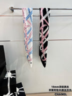 Chanel Style Ribbon and Chain Print Silk Scarf - Pink Black - Detail Image 3