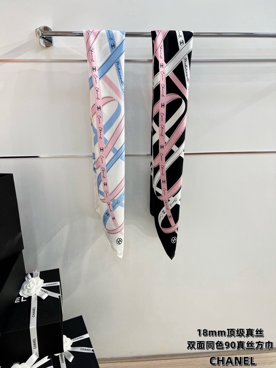 Chanel Style Ribbon and Chain Print Silk Scarf - Pink Black - Detail Image 3