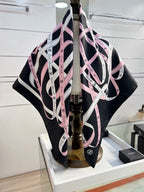 Chanel Style Ribbon and Chain Print Silk Scarf - Pink Black - Detail Image 5
