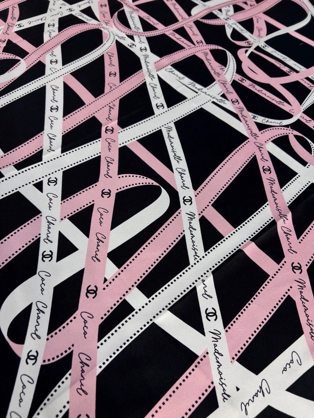 Chanel Style Ribbon and Chain Print Silk Scarf - Pink Black - Detail Image 6