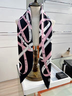Chanel Style Ribbon and Chain Print Silk Scarf - Pink Black - Detail Image 7