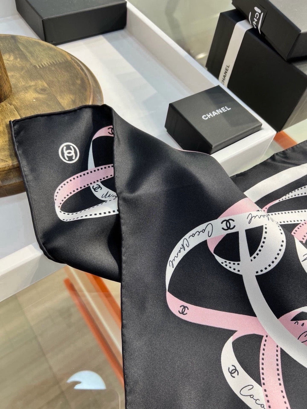 Chanel Style Ribbon and Chain Print Silk Scarf - Pink Black - Detail Image 8