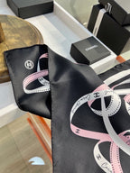 Chanel Style Ribbon and Chain Print Silk Scarf - Pink Black - Detail Image 8