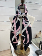 Chanel Style Ribbon and Chain Print Silk Scarf - Pink Black - Detail Image 9