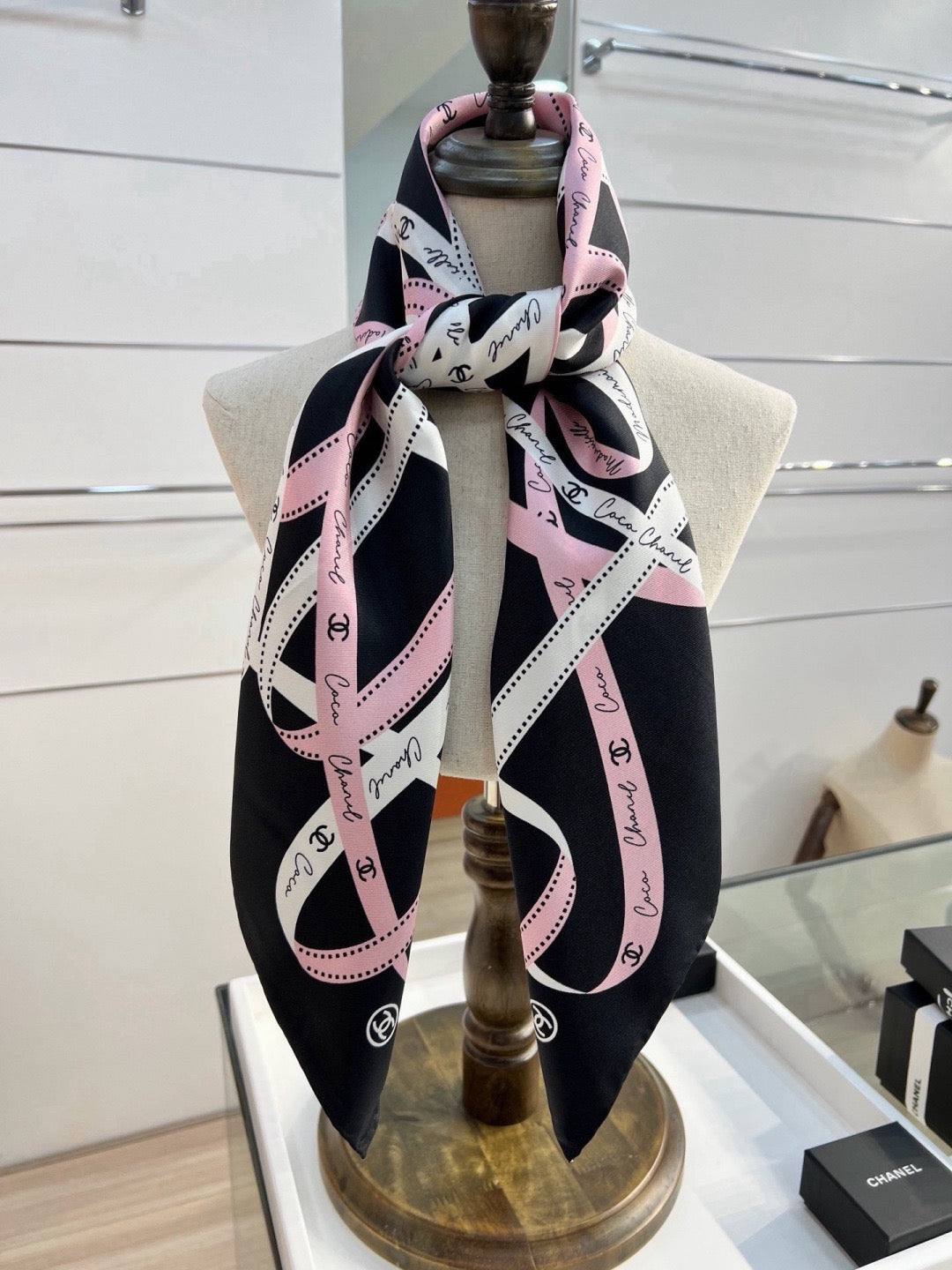 Chanel Style Ribbon and Chain Print Silk Scarf - Pink Black - Detail Image 9