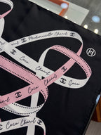 Chanel Style Ribbon and Chain Print Silk Scarf - Pink Black - Detail Image 10