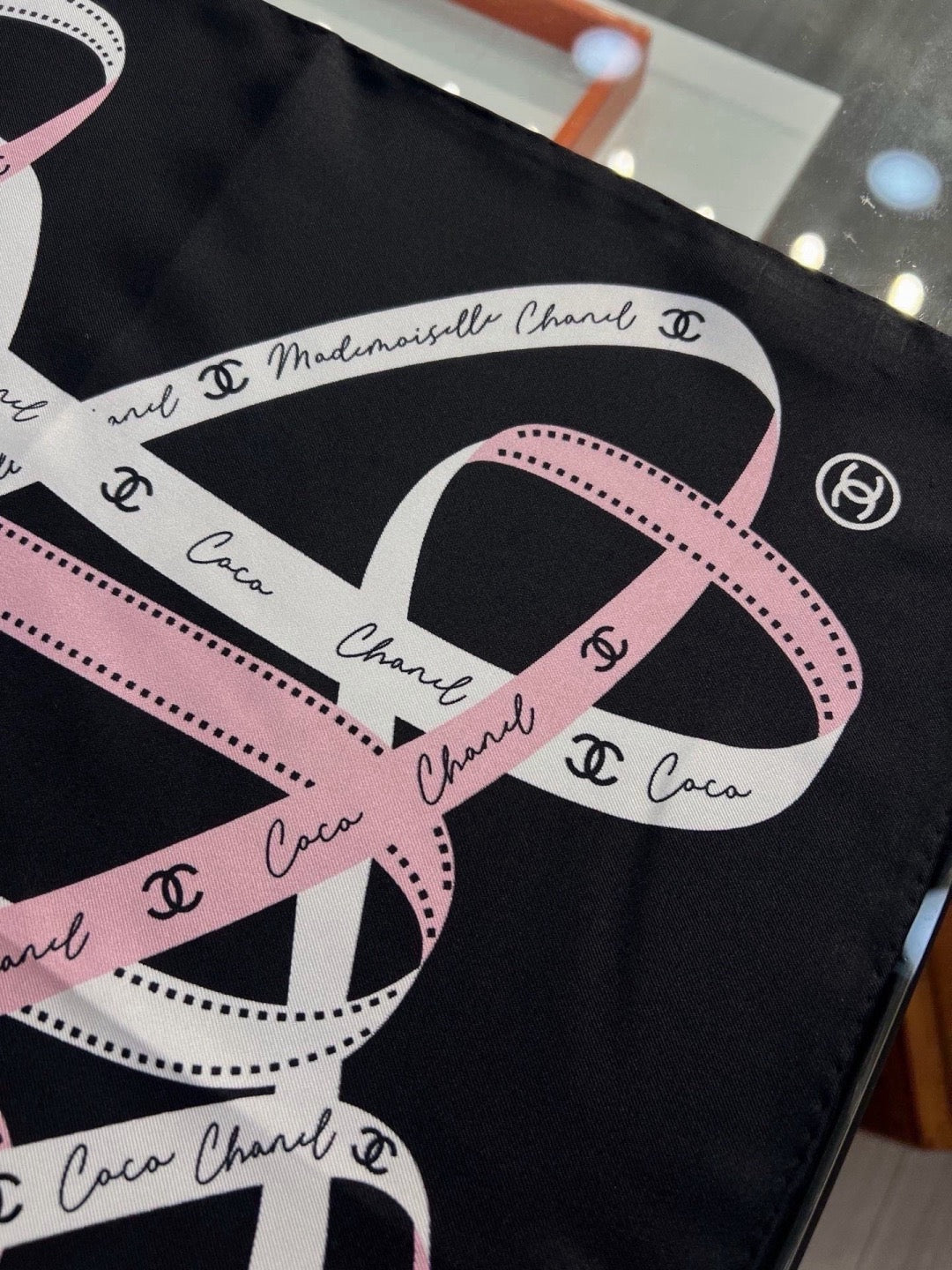 Chanel Style Ribbon and Chain Print Silk Scarf - Pink Black - Detail Image 10