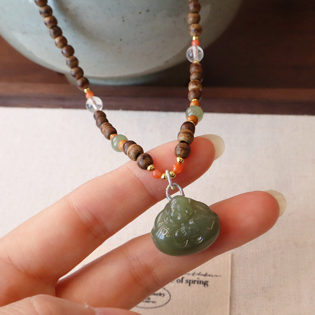 Pandora Natural Agarwood & Hetian Jade Buddha Pendant | Long Style | Peace & Safety