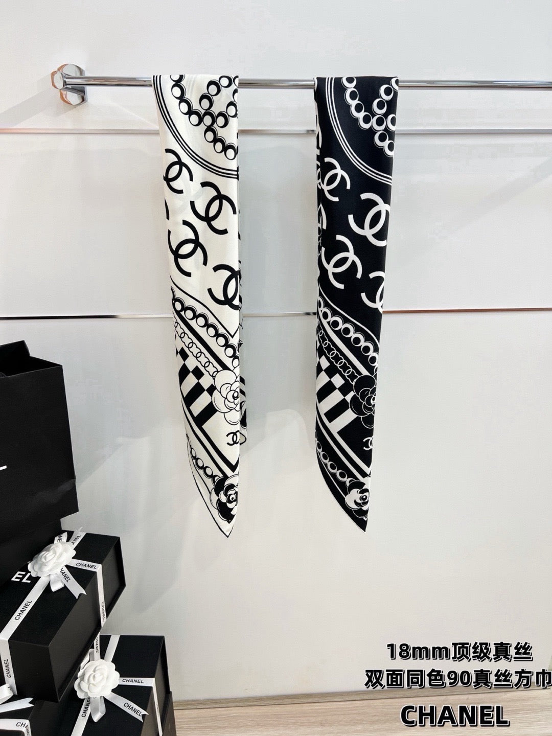 Chanel Style Camellia Chain Print Silk Scarf - Black White - Detail Image 3