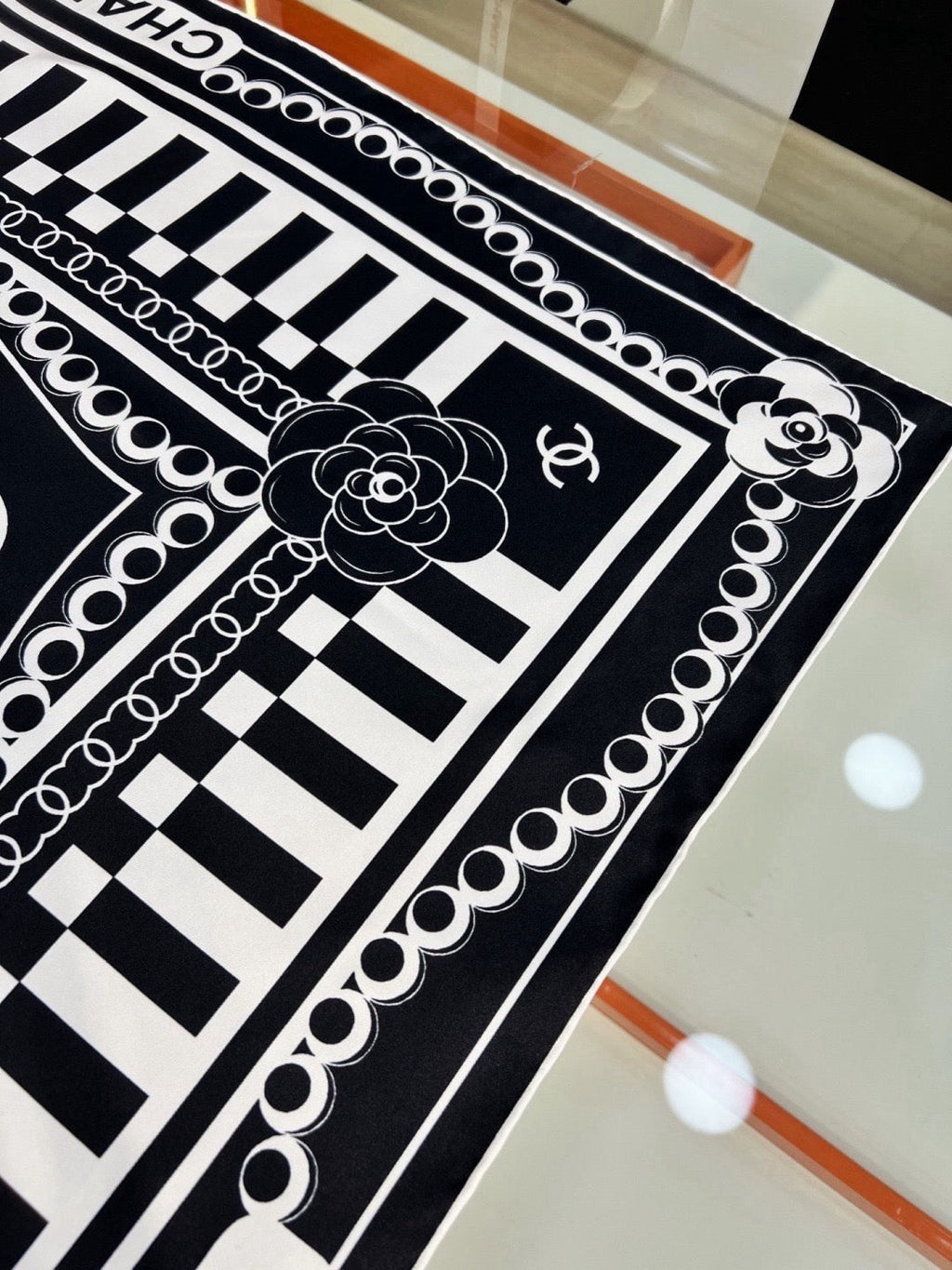 Chanel Style Camellia Chain Print Silk Scarf - Black White - Detail Image 4