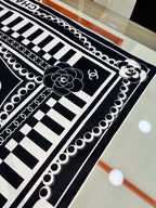 Chanel Style Camellia Chain Print Silk Scarf - Black White - Detail Image 4