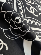 Chanel Style Camellia Chain Print Silk Scarf - Black White - Detail Image 6