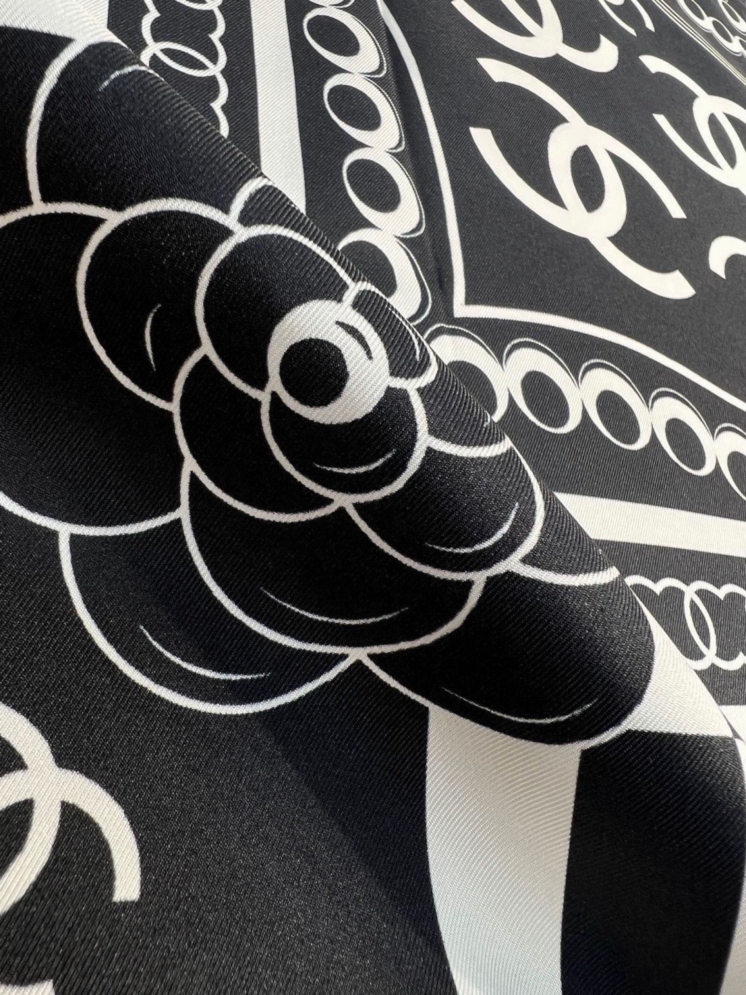 Chanel Style Camellia Chain Print Silk Scarf - Black White - Detail Image 6