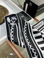 Chanel Style Camellia Chain Print Silk Scarf - Black White - Detail Image 8