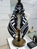 Chanel Style Camellia Chain Print Silk Scarf - Black White - Detail Image 9
