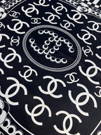 Chanel Style Camellia Chain Print Silk Scarf - Black White - Detail Image 10