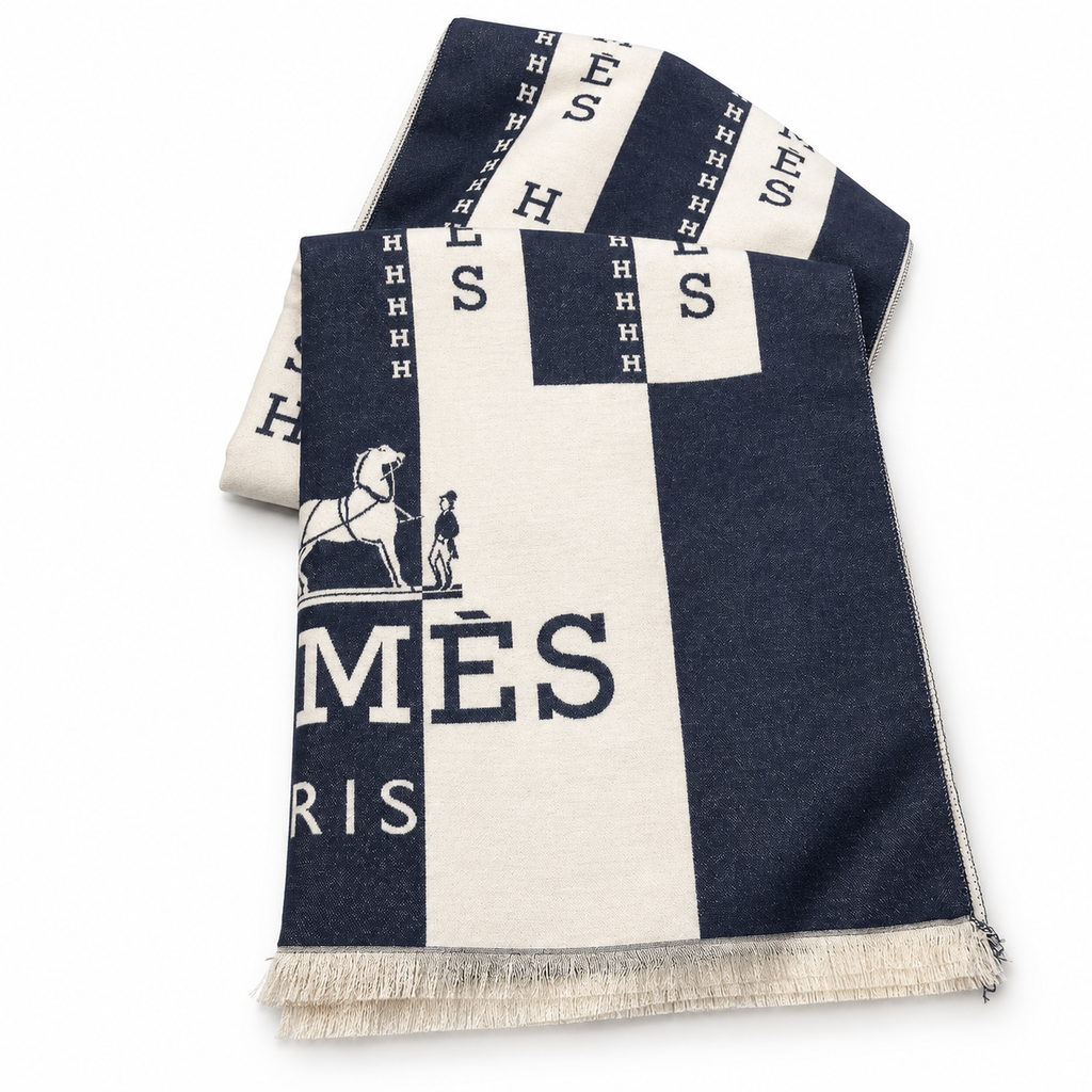 Hermes Style Bold Stripe Logo Scarf in Navy