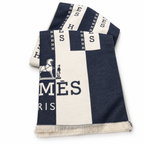 Hermes Style Bold Stripe Logo Scarf in Navy