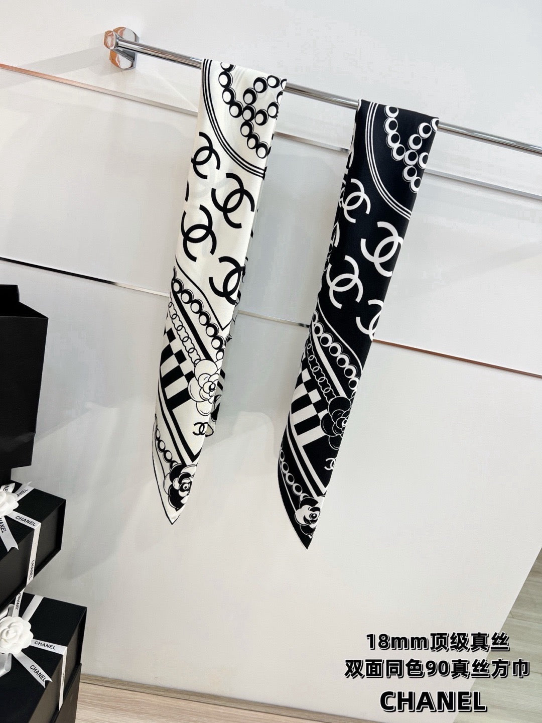 Chanel Style Logo Chain Print Silk Scarf - Black White - Detail Image 3