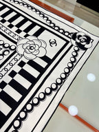 Chanel Style Logo Chain Print Silk Scarf - Black White - Detail Image 4