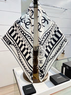 Chanel Style Logo Chain Print Silk Scarf - Black White - Detail Image 5