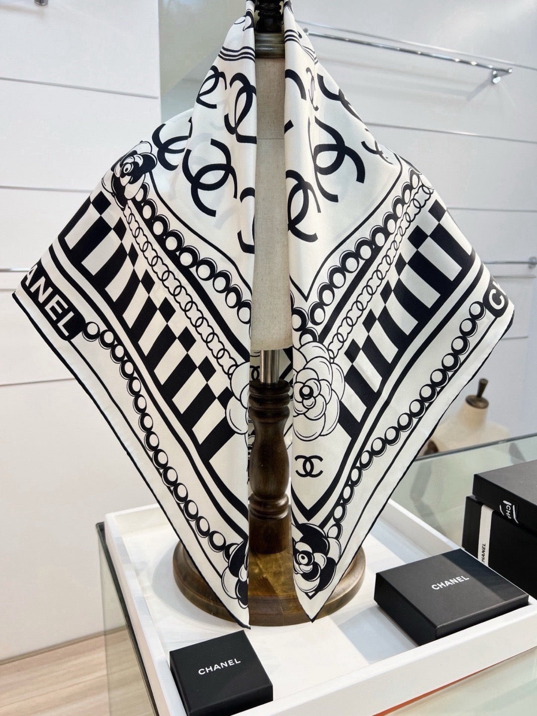 Chanel Style Logo Chain Print Silk Scarf - Black White - Detail Image 5