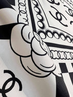 Chanel Style Logo Chain Print Silk Scarf - Black White - Detail Image 6