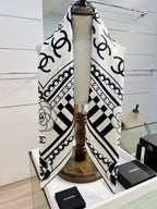 Chanel Style Logo Chain Print Silk Scarf - Black White - Detail Image 7
