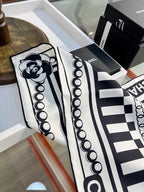Chanel Style Logo Chain Print Silk Scarf - Black White - Detail Image 8