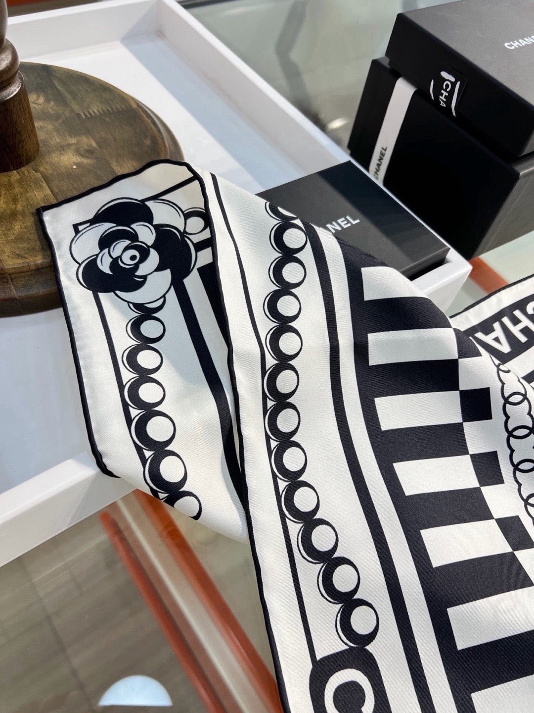 Chanel Style Logo Chain Print Silk Scarf - Black White - Detail Image 8