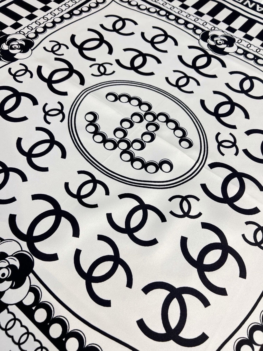 Chanel Style Logo Chain Print Silk Scarf - Black White - Detail Image 9