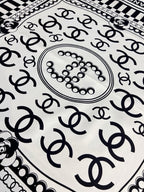 Chanel Style Logo Chain Print Silk Scarf - Black White - Detail Image 9