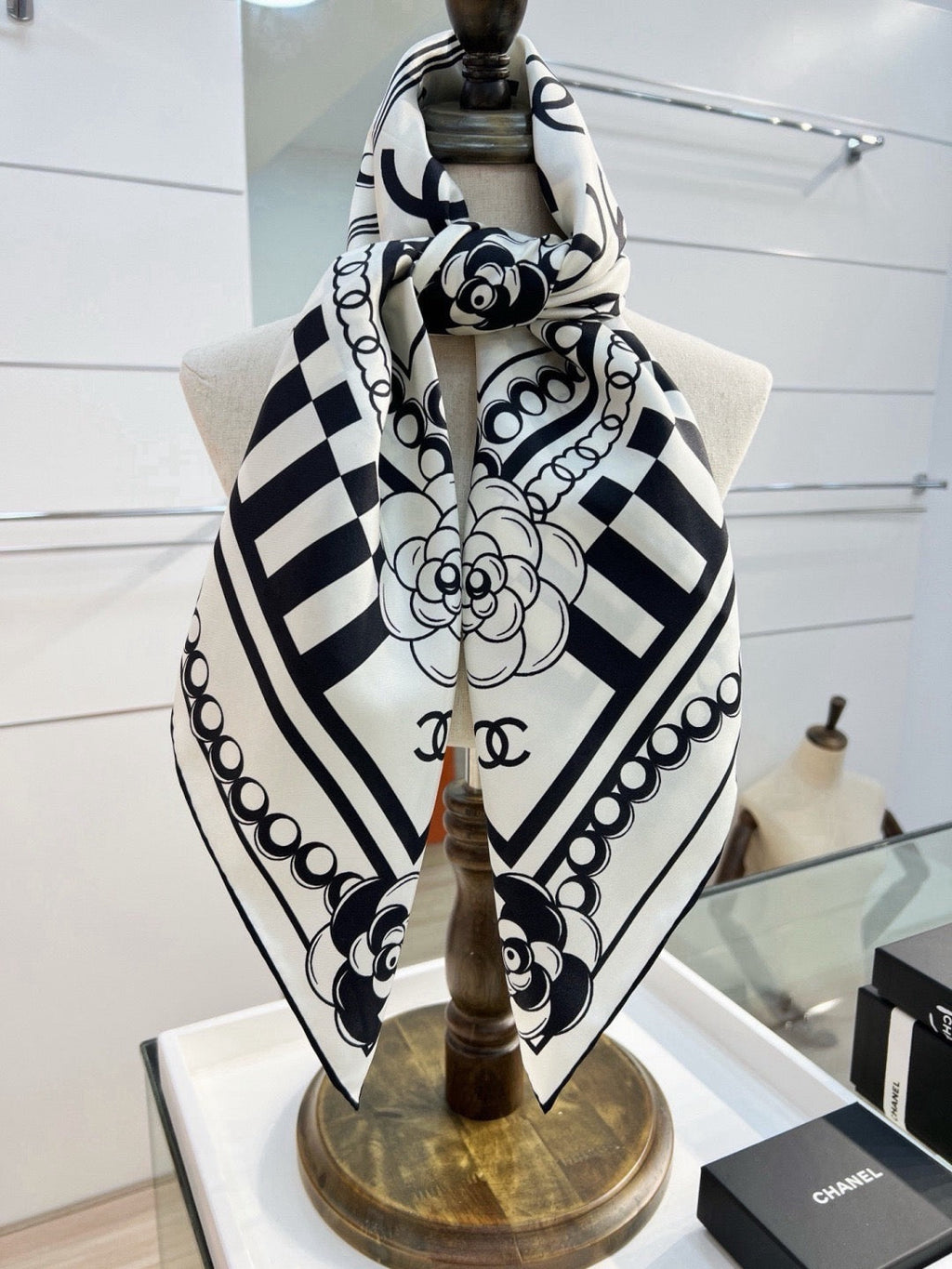 Chanel Style Logo Chain Print Silk Scarf - Black White - Detail Image 10