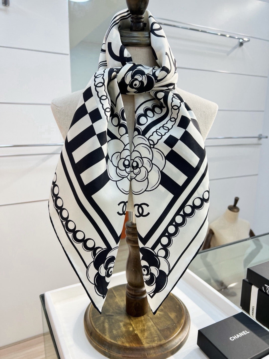 Chanel Style Logo Chain Print Silk Scarf - Black White - Detail Image 10
