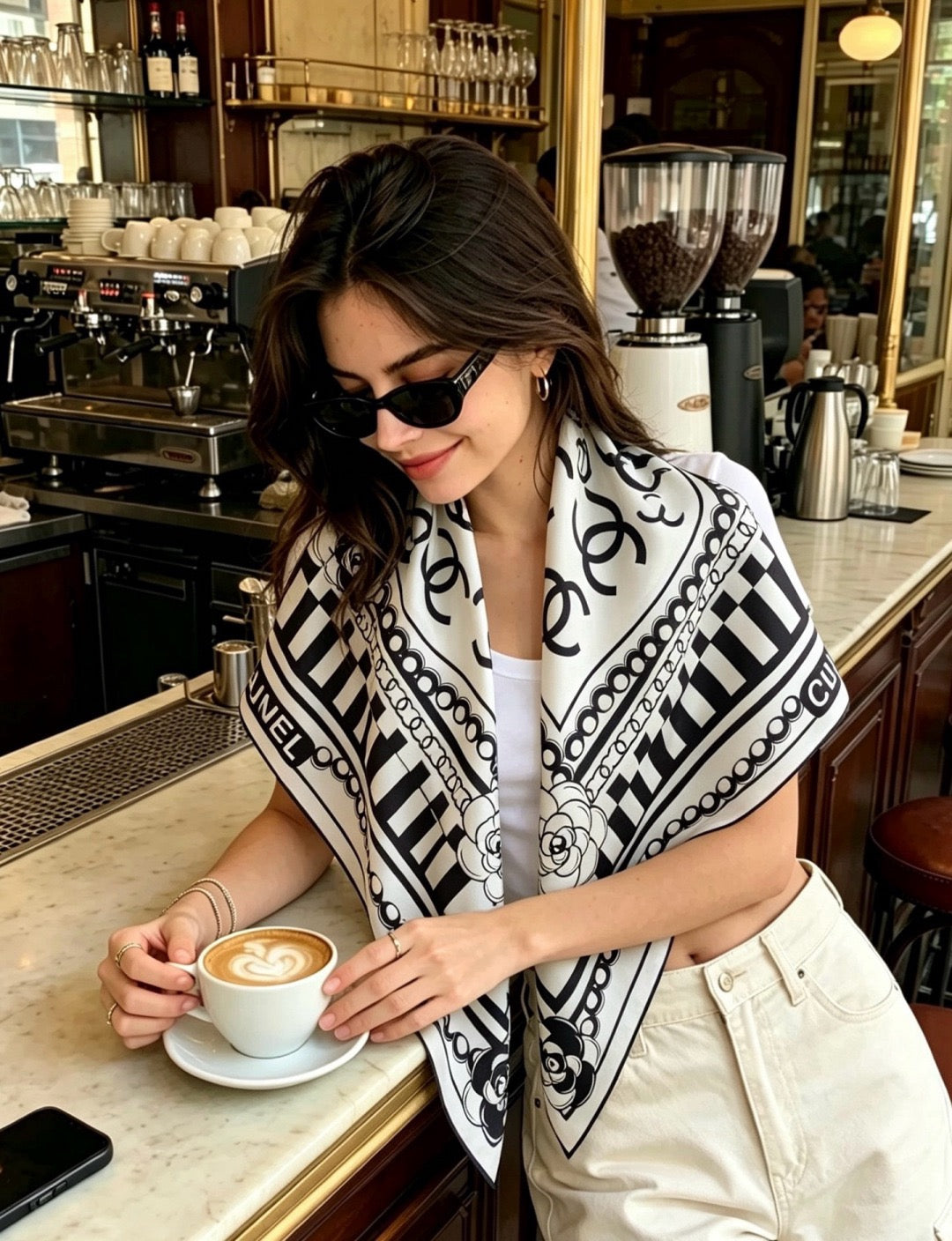Chanel Style Logo Chain Print Silk Scarf - Black White - Model Worn Main Image