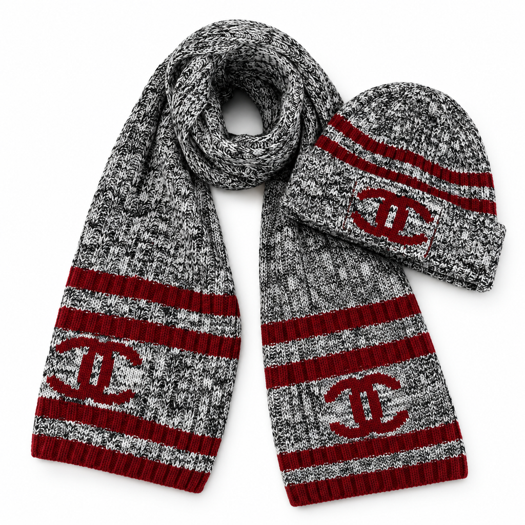 Chanel Style Marled Knit Scarf and Beanie Set in Gray and Red