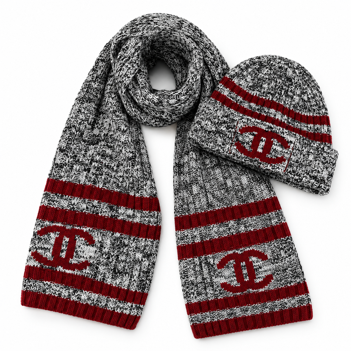 Chanel Style Marled Knit Scarf and Beanie Set in Gray and Red