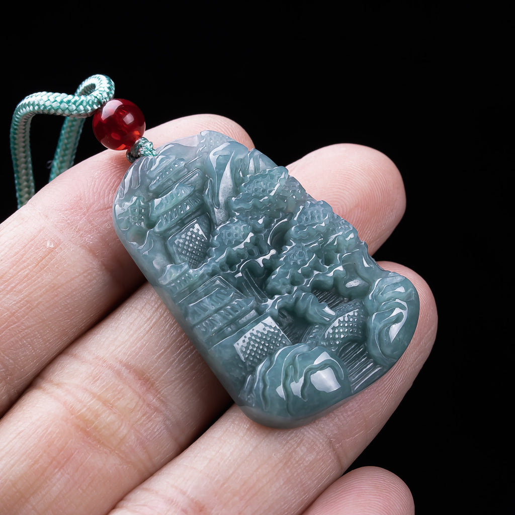 Natural Blue Water Jadeite Landscape Pendant - Grade A