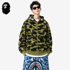 BAPE Green Camo Shark Hoodie styled on a male model