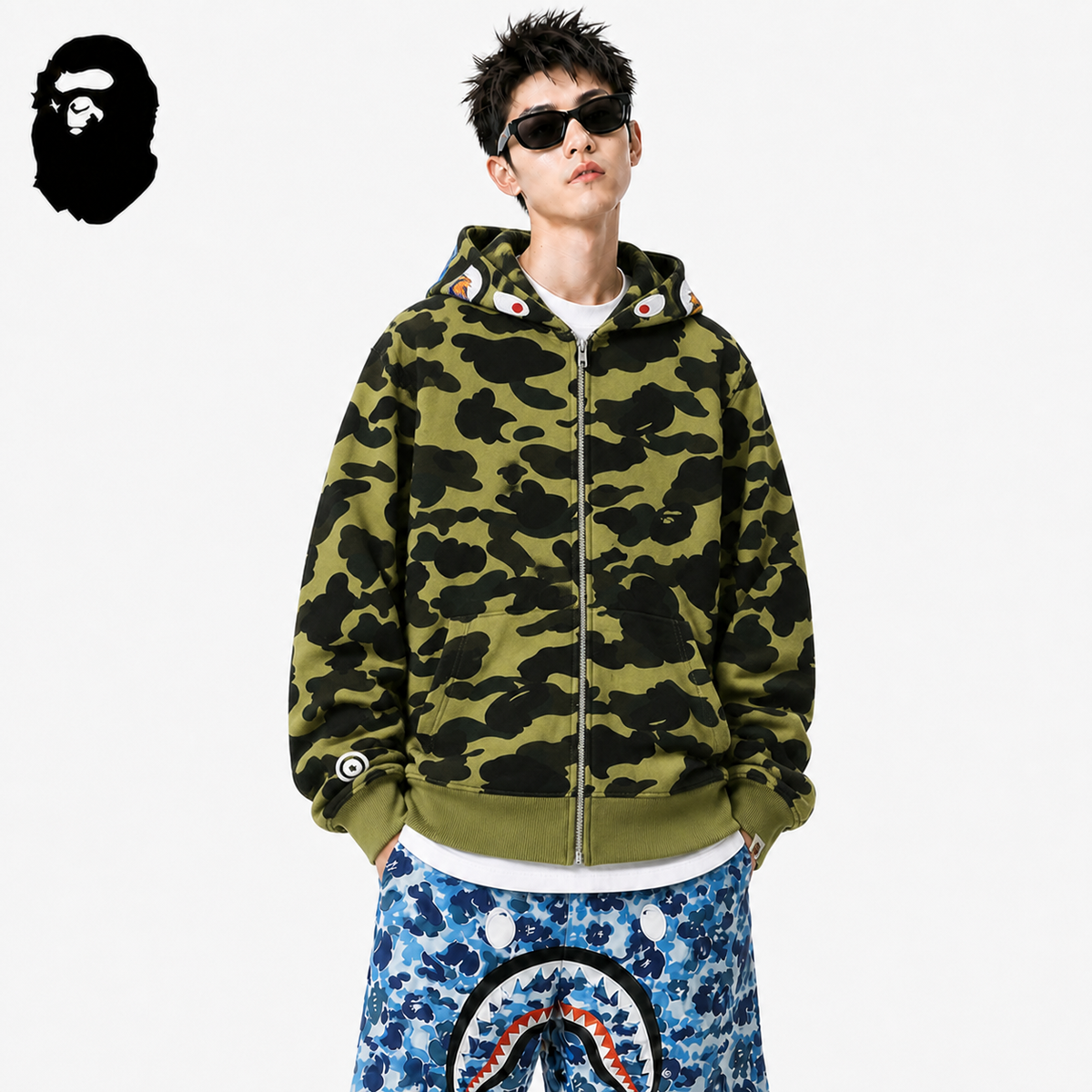 BAPE Green Camo Shark Hoodie styled on a male model