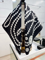 Chanel Style Pearl Motif Silk Scarf - Black White - Detail Image 5